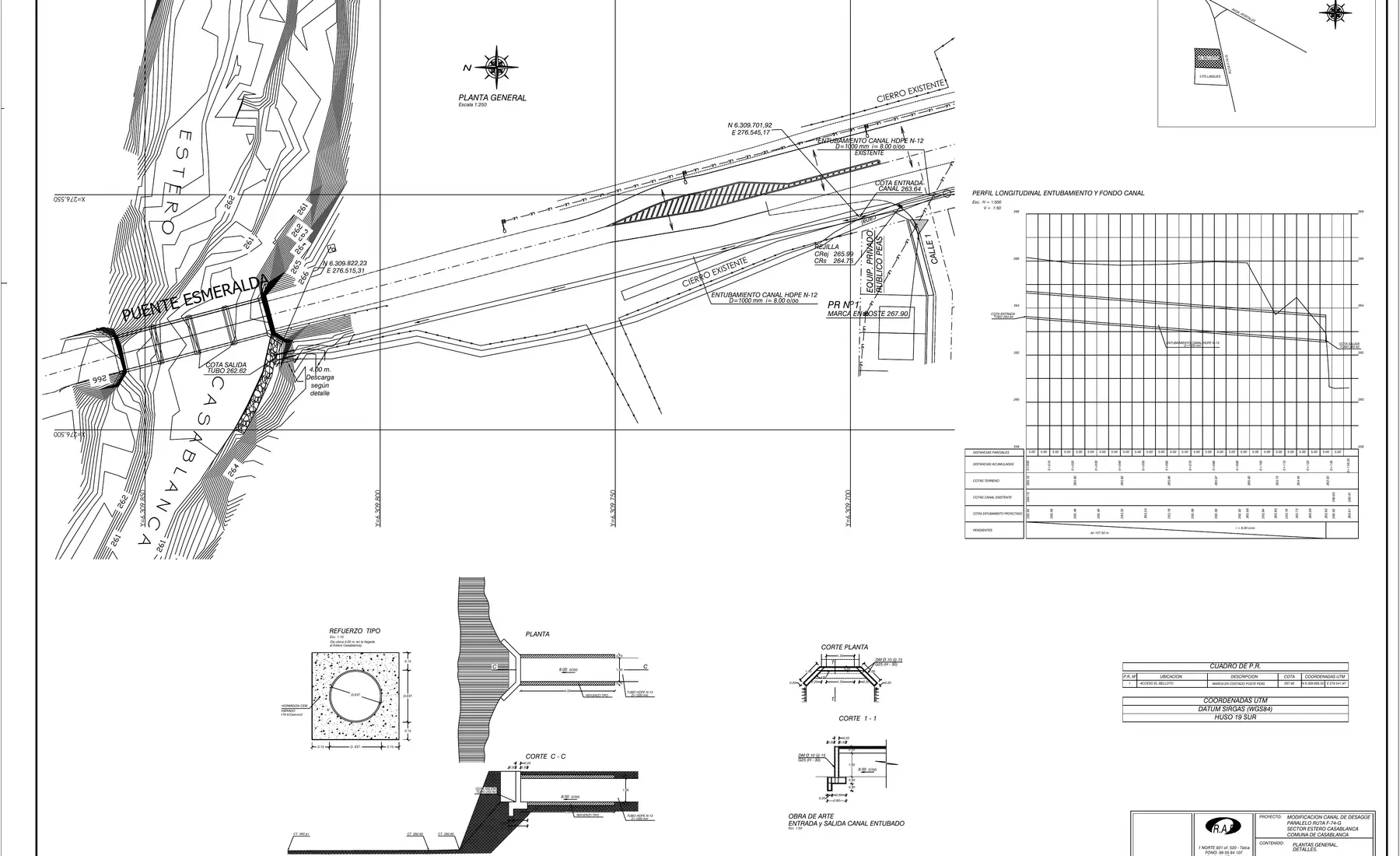 Plano general, perfil y detalles del proyecto en Estero Casablanca