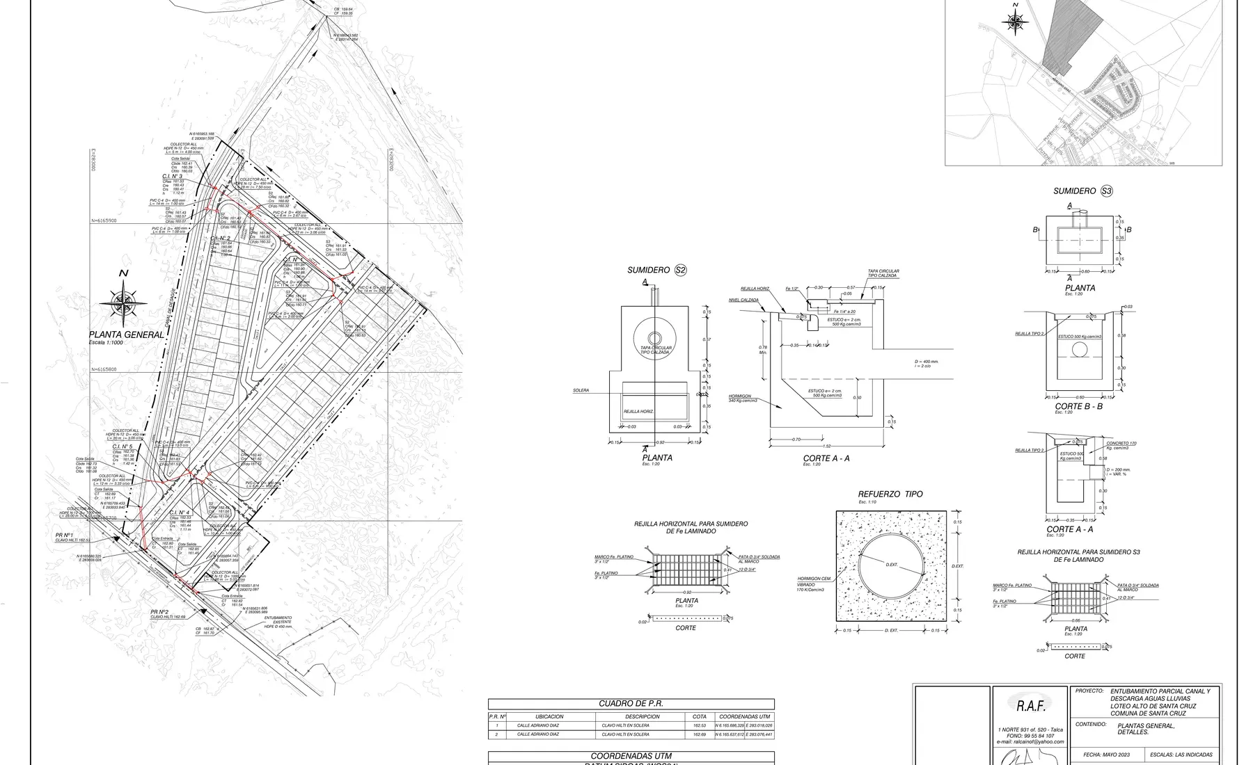 Plano de entubamiento, sumideros y detalles hidráulicos del Loteo Altos de Santa Cruz